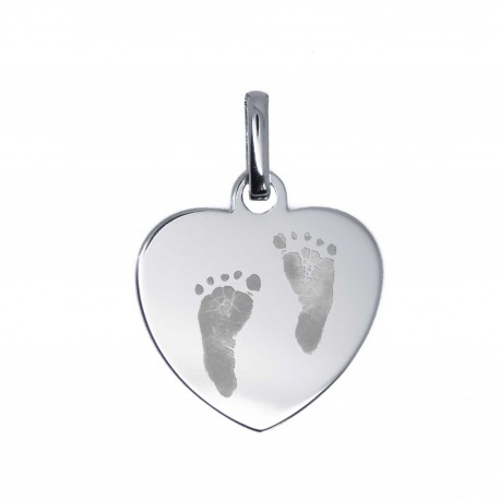 Pendentif Coeur plein gravé empreintes pieds - Argent