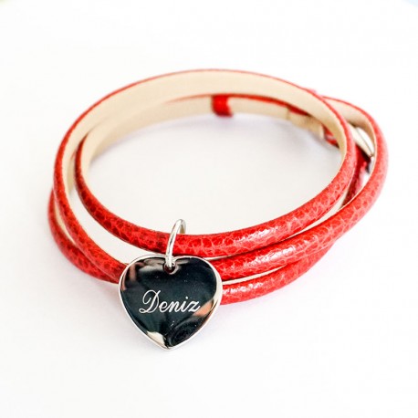 Bracelet personnalisé triple tours rouge - Cuir et Acier