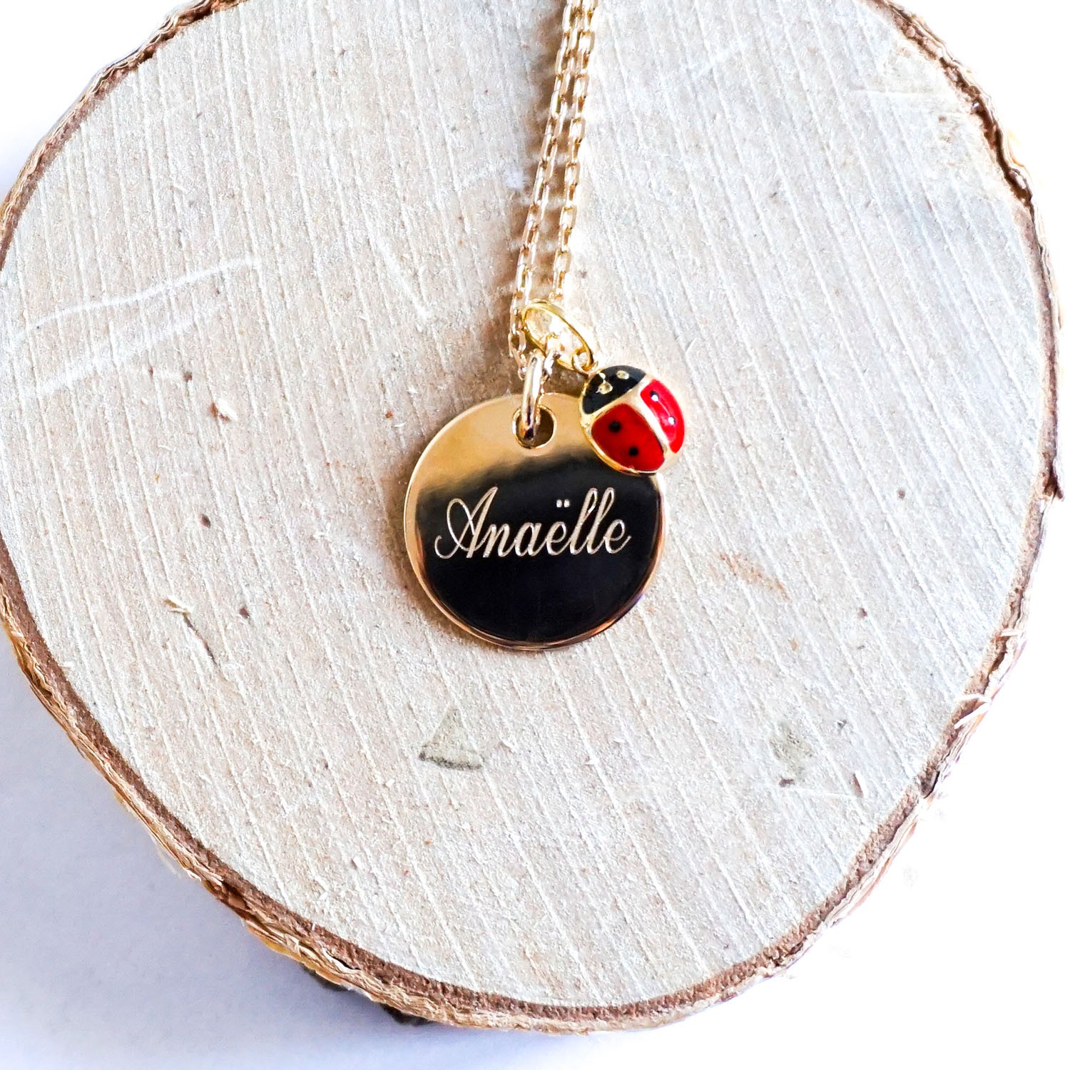 Collier enfant coccinelle plaqué or personnalisable : dessin ou texte