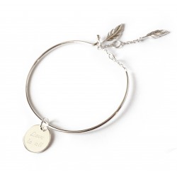 Bracelet jonc plumes et médaille personnalisée - Argent